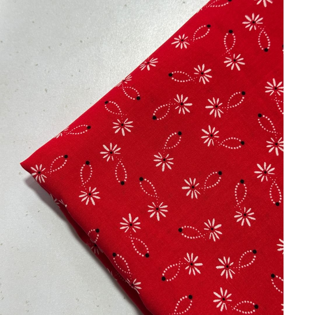 Red Daisy Print Linen Fabric 2pc
