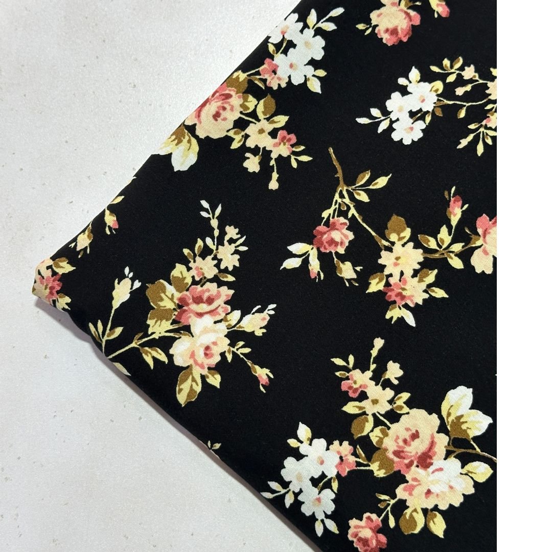 Rose Floral Black Print Linen Fabric 2pc