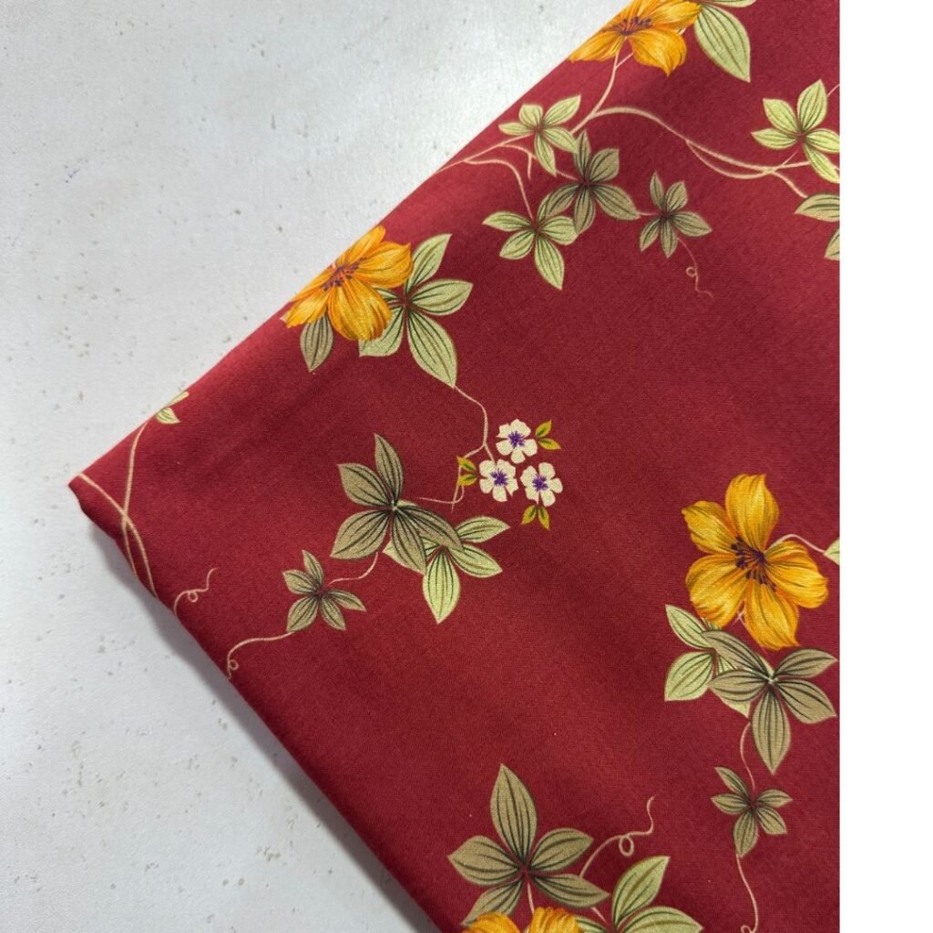 Red Base Floral Print Lawn cotton Fabric 2pc
