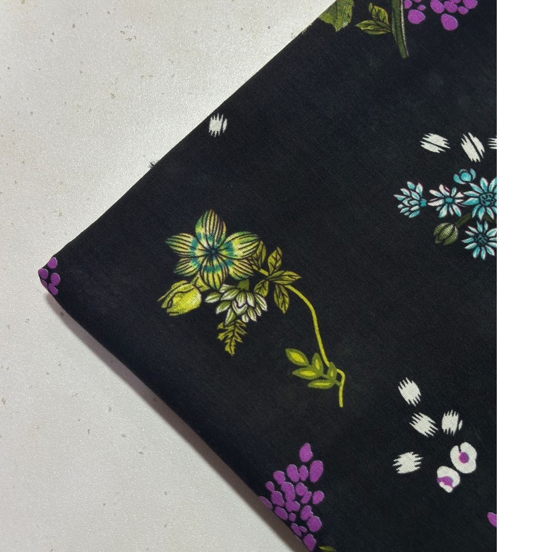 Black Base Floral Print Lawn cotton Fabric 2pc
